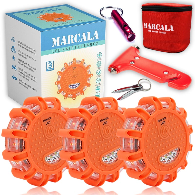 Marcala 3-Pack Emergency Lights for Vehicles | DOT Compliant Emergency Flares for Car with Batteries, Whistle & Case | LED Road Flares | Emergency Roadside Lights | Drive and Feel Safer on the Road! - Image 1